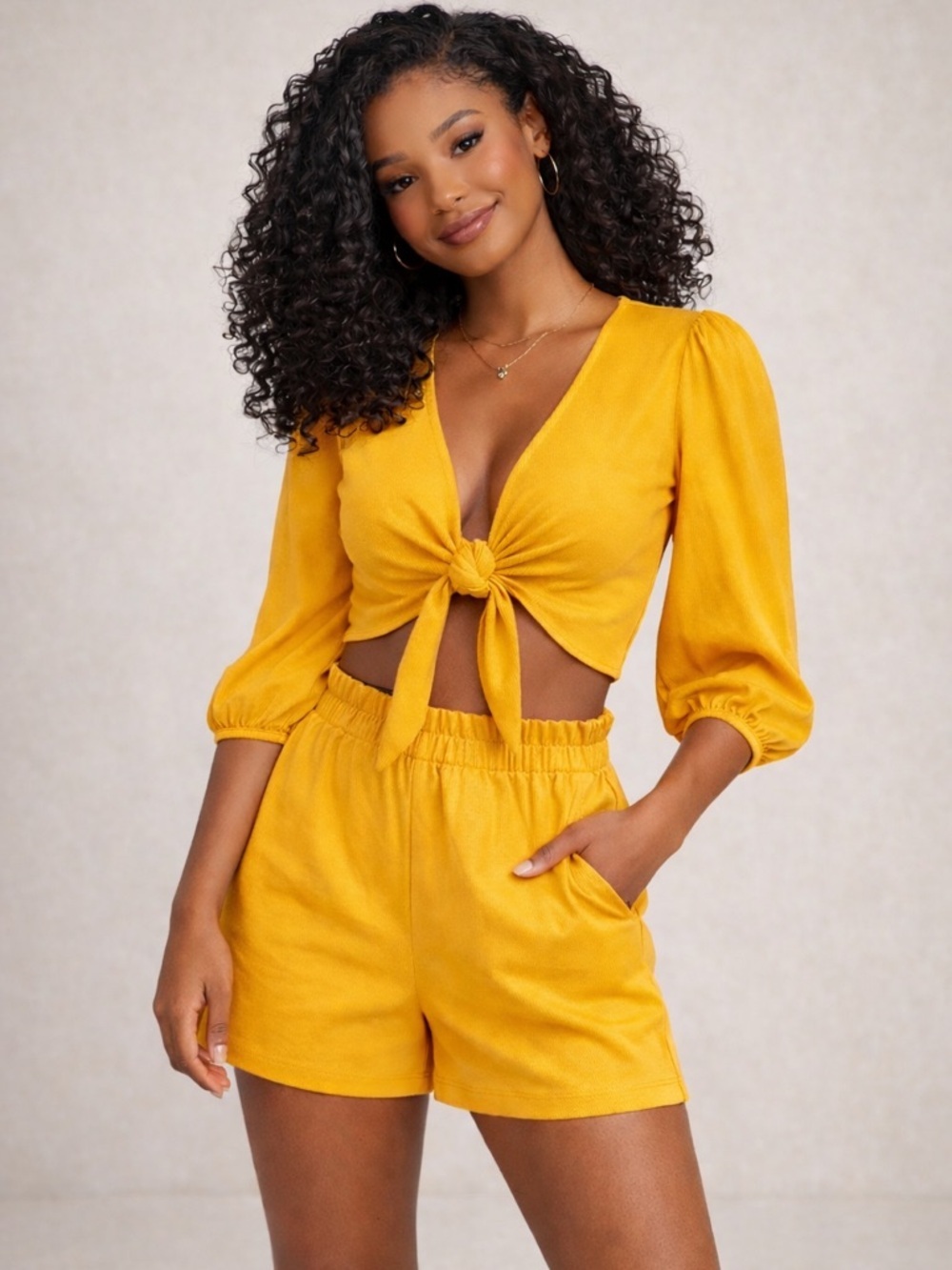 Express Matching Set / Tie Front Crop Top & Shorts / Mustard Gold / Size S